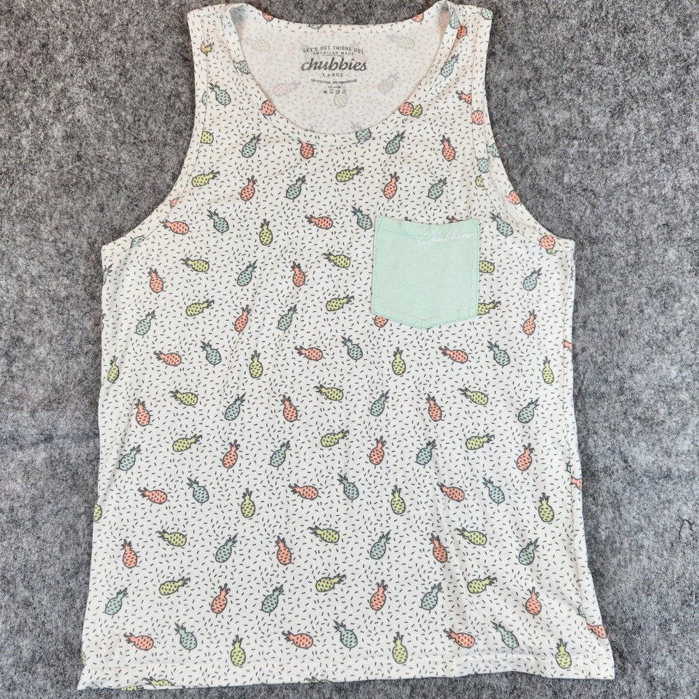 Chubbies Pineapple Tank Top Shirt Men L Cream Pocket Tropical Hawaiian Beach Gym